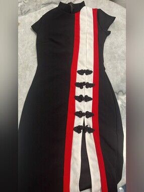Fashion Nova Black Midi Dress with Red and White Center Stripe